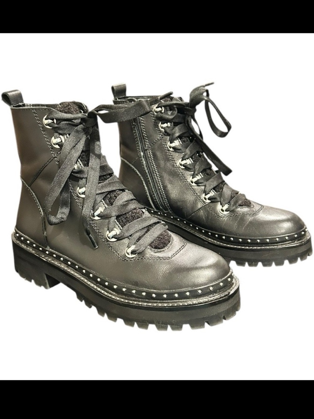 Steve Madden Leather Rainier Black Lace Up Combat Boots Lug Sole Size 7.5 EC